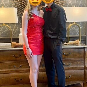 Sherri Hill Red One-Shoulder Dress with Sparkling Accents